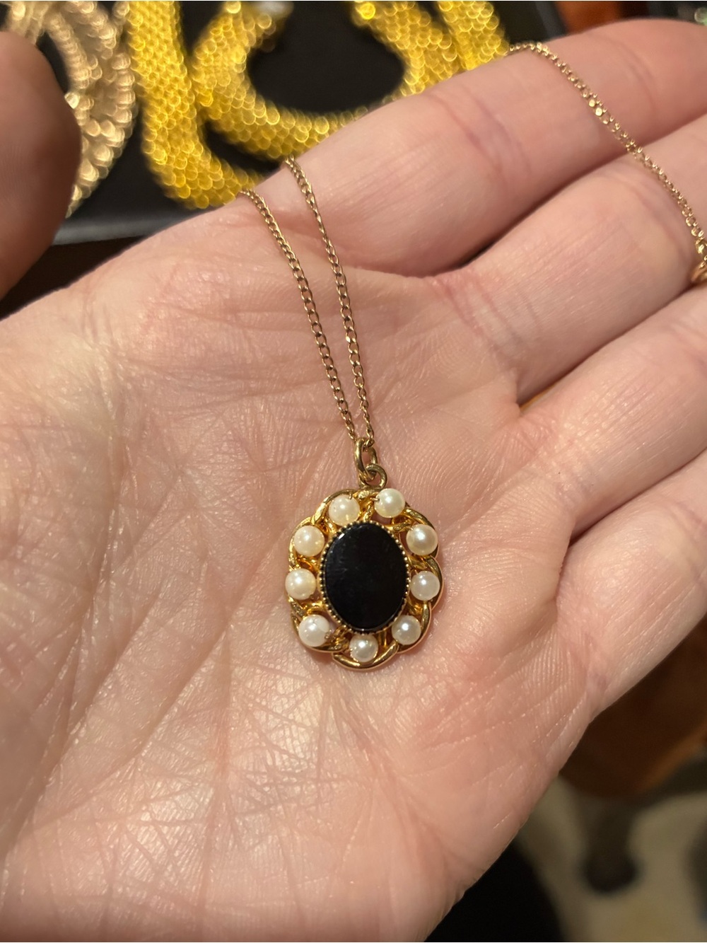 Vintage Gold Filled Onyx & Seed Pearl Necklace